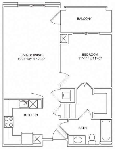 Floor plan for 1 bed, 1 bath, 847 sqft